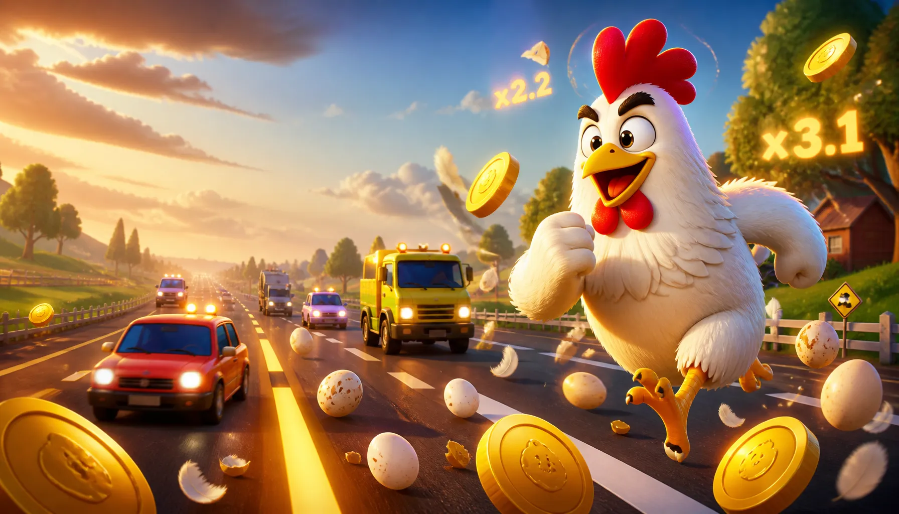 3D chicken crossing dynamic road with coins, eggs, and traffic obstacles in vibrant arcade setting.